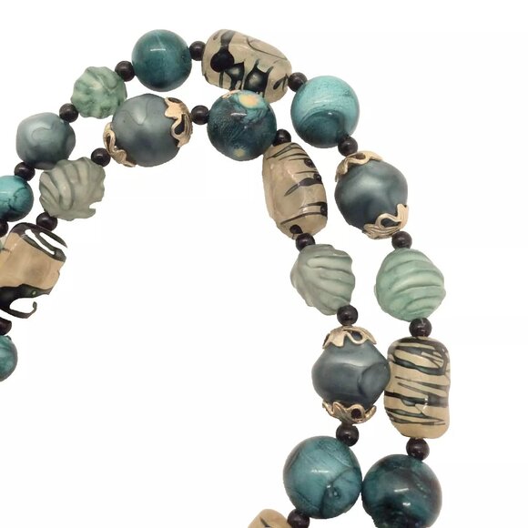 Double Strand Glass Beaded Necklace Blue Green - Picture 3 of 4